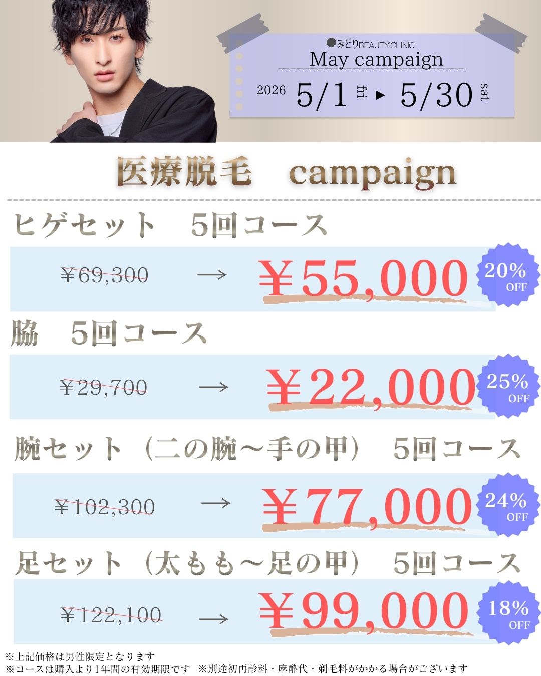 5月キャンペーン：男性向け医療脱毛