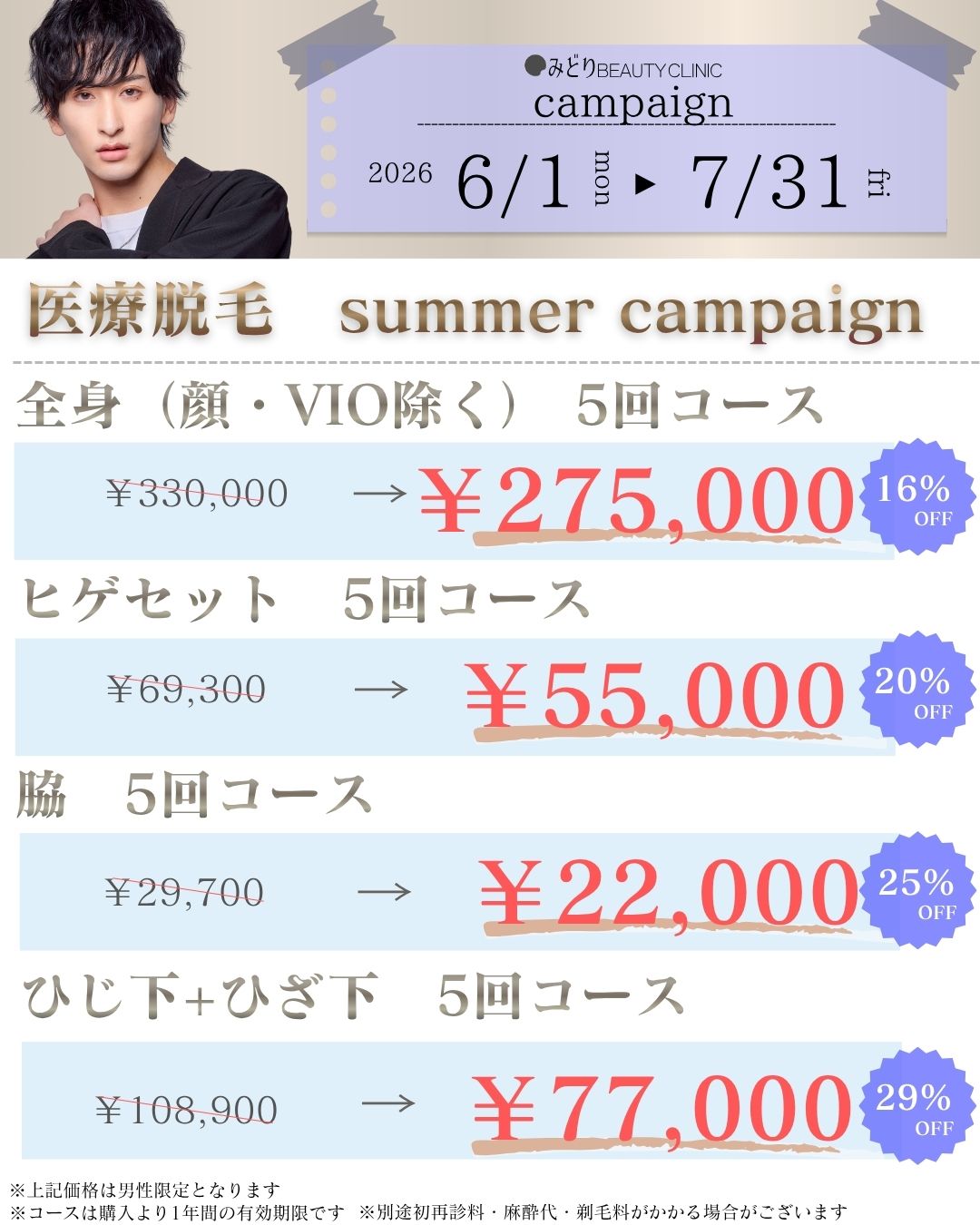 6月・7月キャンペーン：男性向け医療脱毛